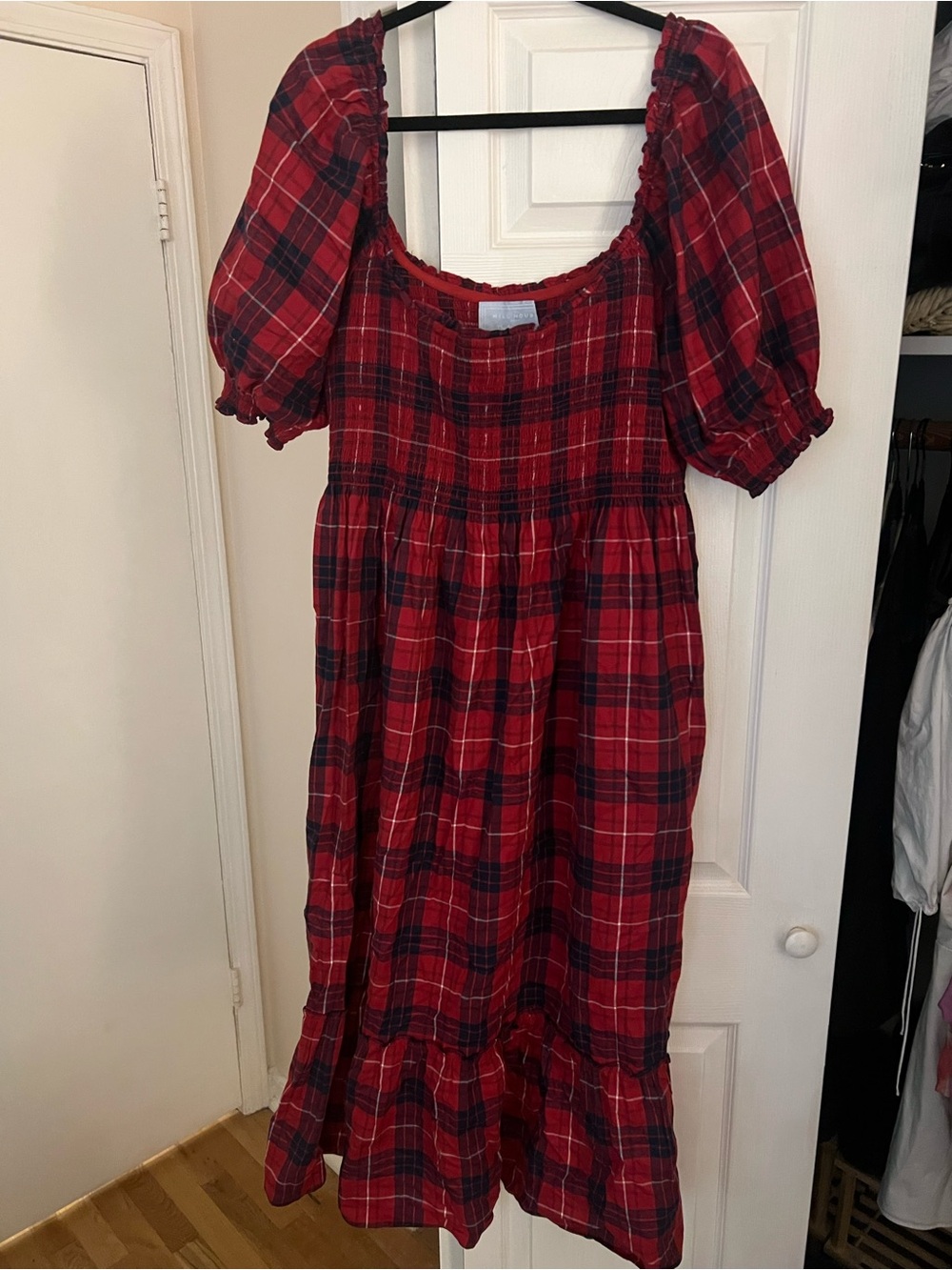 Hill House Red and Navy Plaid Smocked Puff-Sleeve Dress